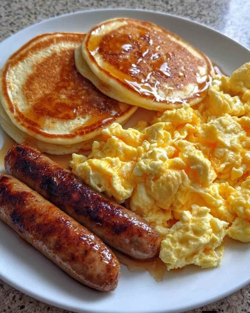 The Ultimate Classic Pancake Breakfast: Fluffy Pancakes, Sausages, and Scrambled Eggs