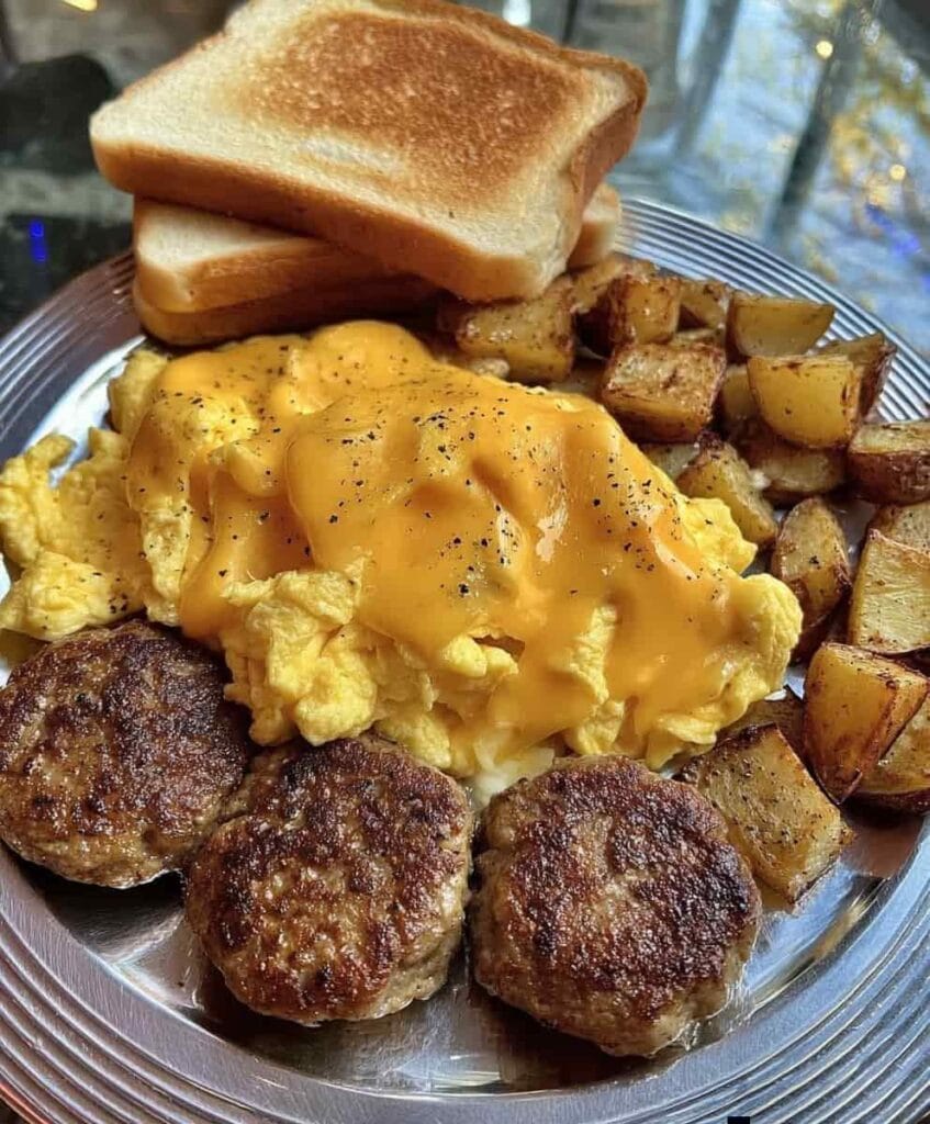 Cozy Breakfast Plate: Sausage, Cheesy Eggs, Home Fries