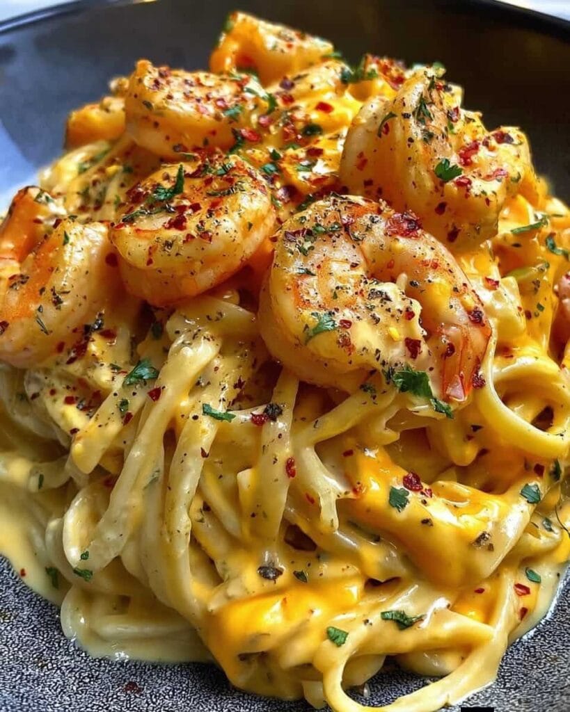 Creamy Cheddar Sauced Linguine & Shrimp