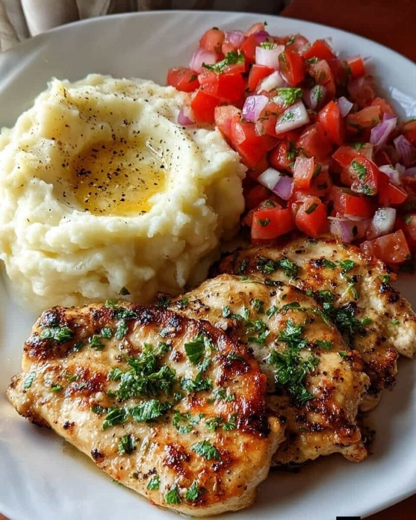 Garlic Butter Chicken with Creamy Mash & Fresh Tomato Salad