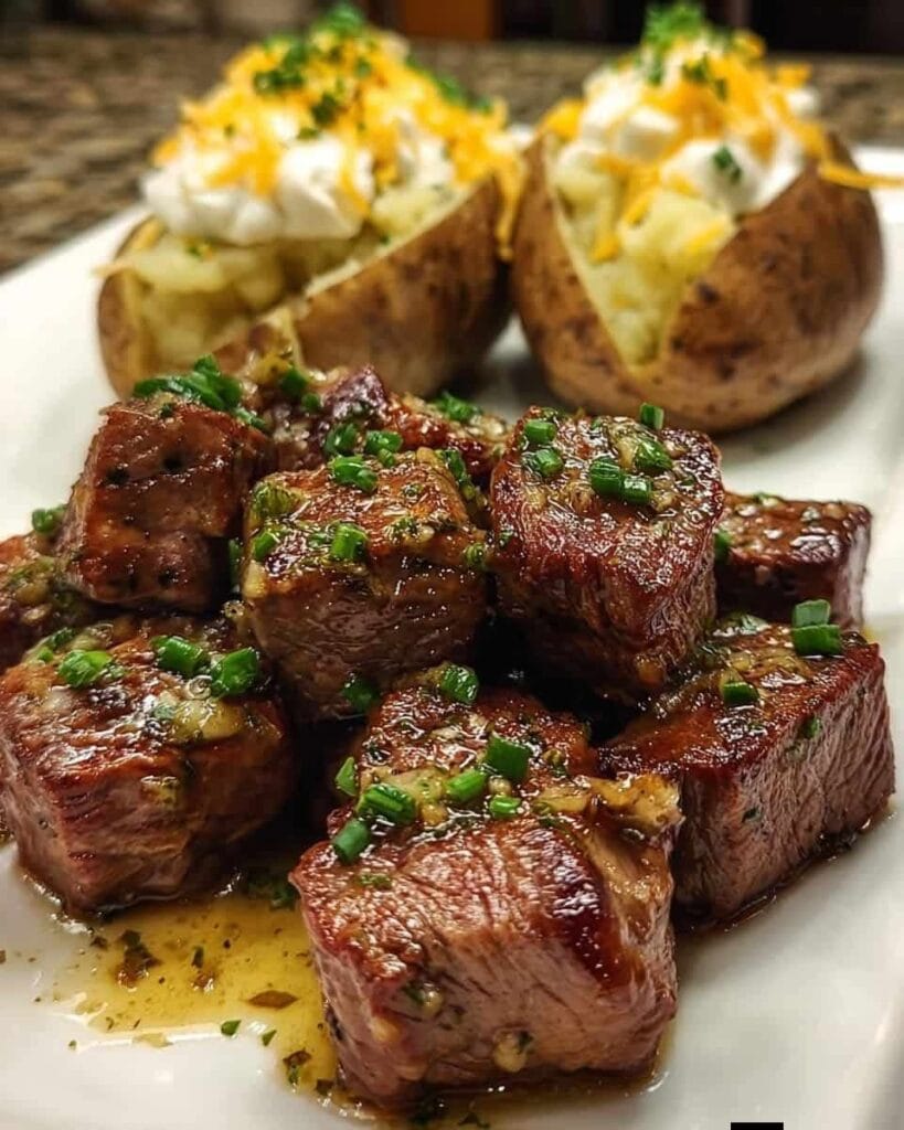 Garlic-Butter Steak Bites with Loaded Baked Potatoes