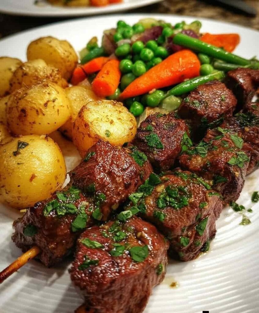 Garlic Herb Steak Skewers with Crispy Potatoes