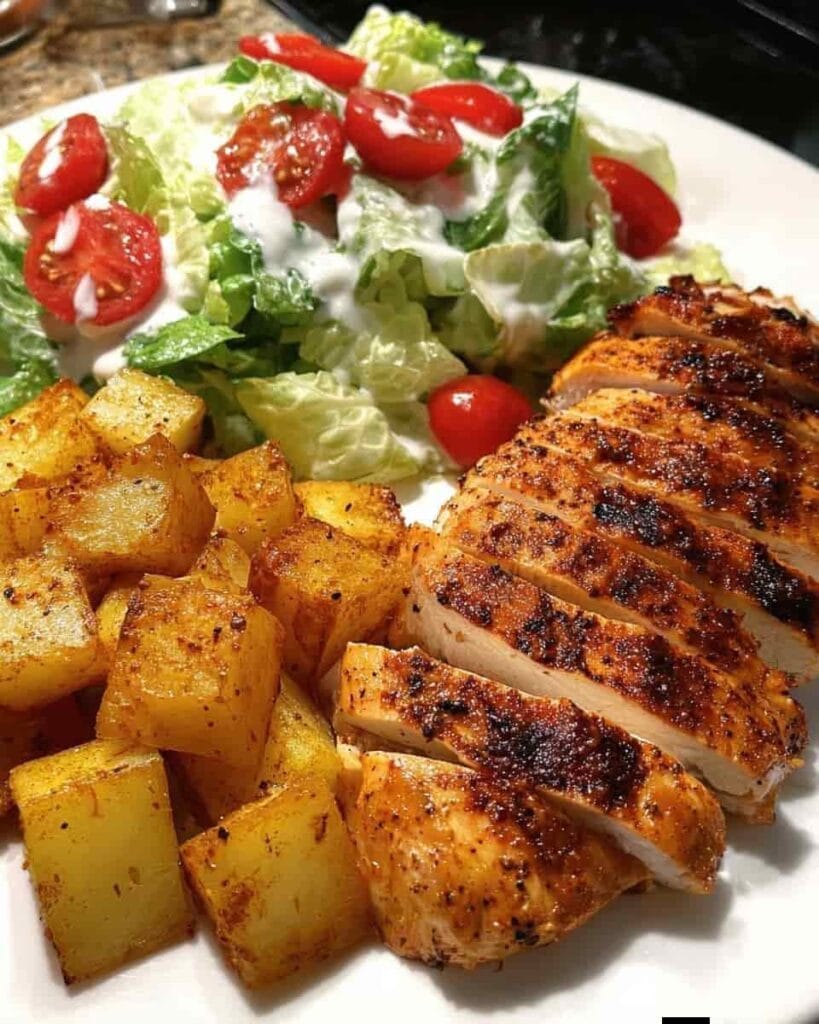 Golden Seared Chicken with Crispy Potatoes & Creamy Salad