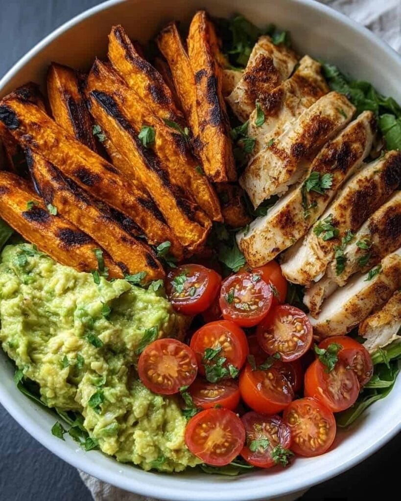 Healthy Chicken Power Bowl: Sweet Potato Fries & Tomato Avocado Mix