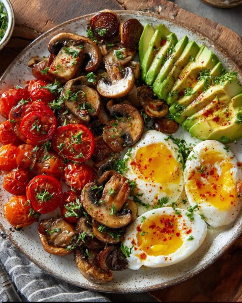 Jammy Egg Plate with Avocado, Mushrooms & Roasted Tomatoes