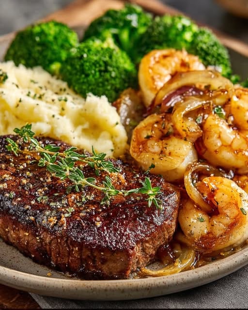 Juicy Steak & Creamy Shrimp with Buttery Mash
