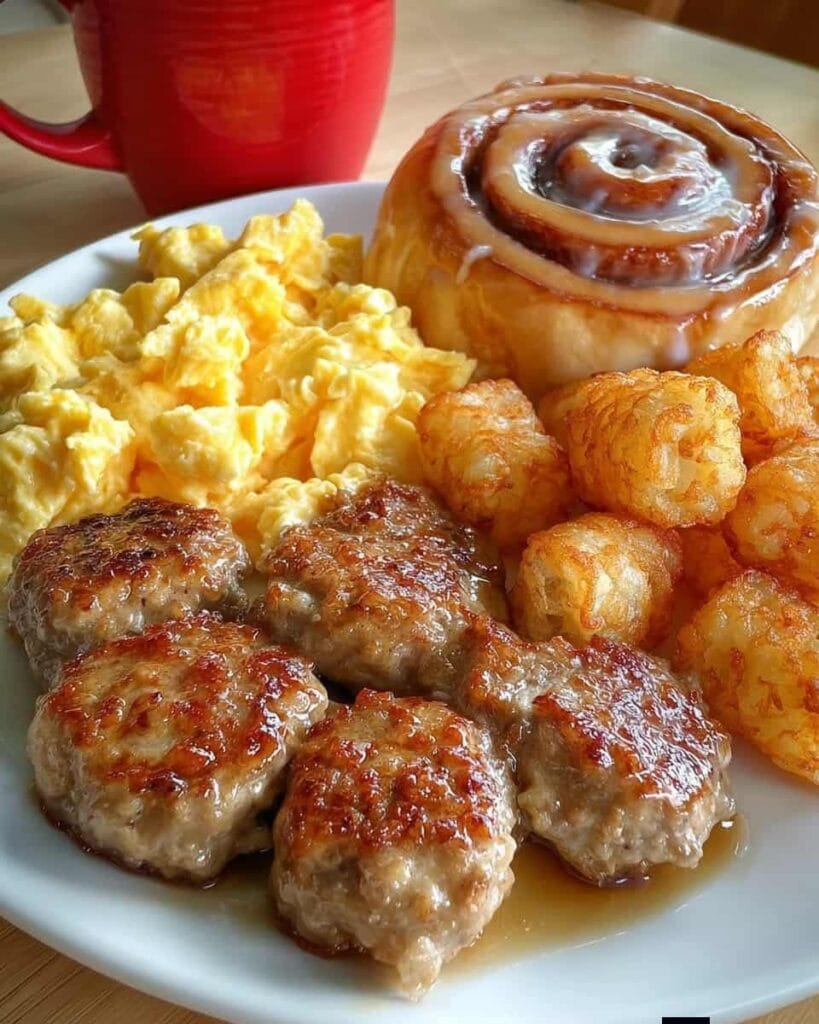 Loaded Breakfast Platter: Sausage, Eggs, Tots & Cinnamon Rolls