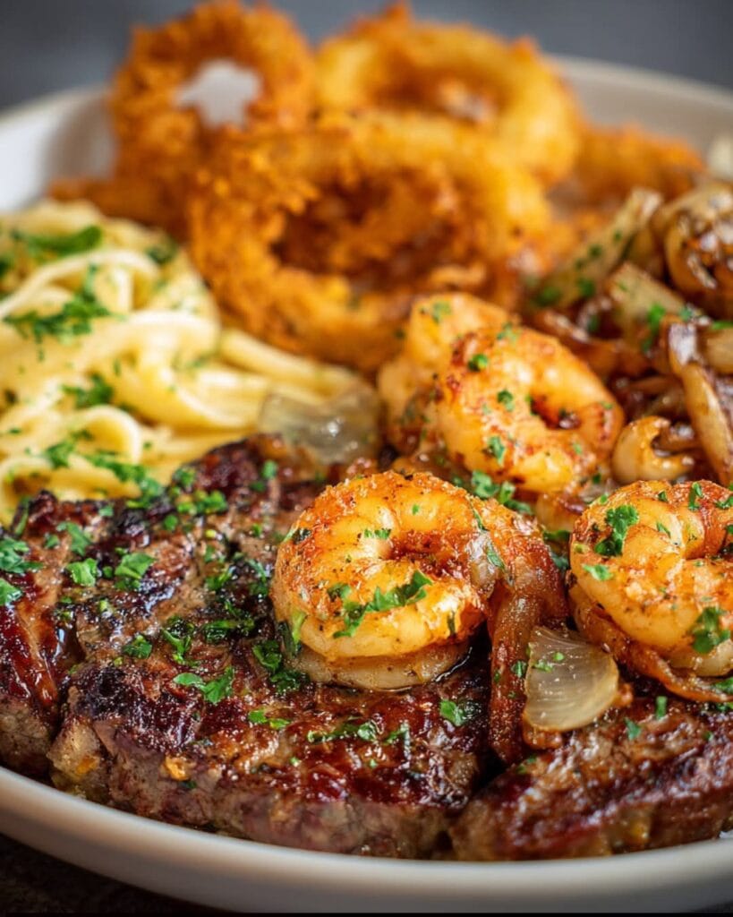 Loaded Steak Plate with Fried Shrimp & Caramelized Onions