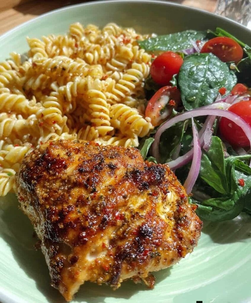 Crispy Spiced Chicken with Garlic Butter Rotini and Fresh Salad