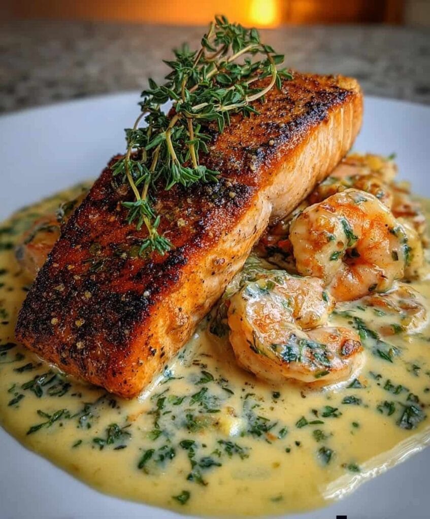 The Ultimate Pan-Seared Salmon with Creamy Garlic Shrimp Sauce