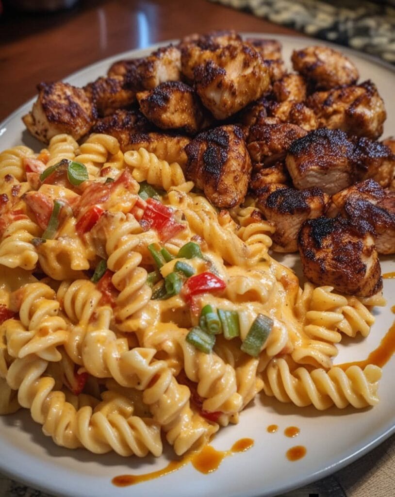 Garlic Chicken Twisted Pasta in Spicy Velveeta Cheese Sauce