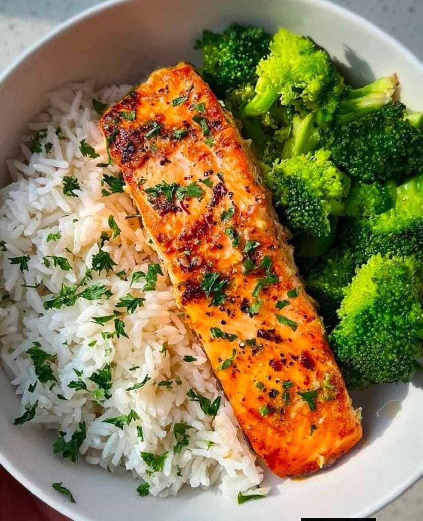Garlic Butter Salmon with Herbed Rice & Broccoli